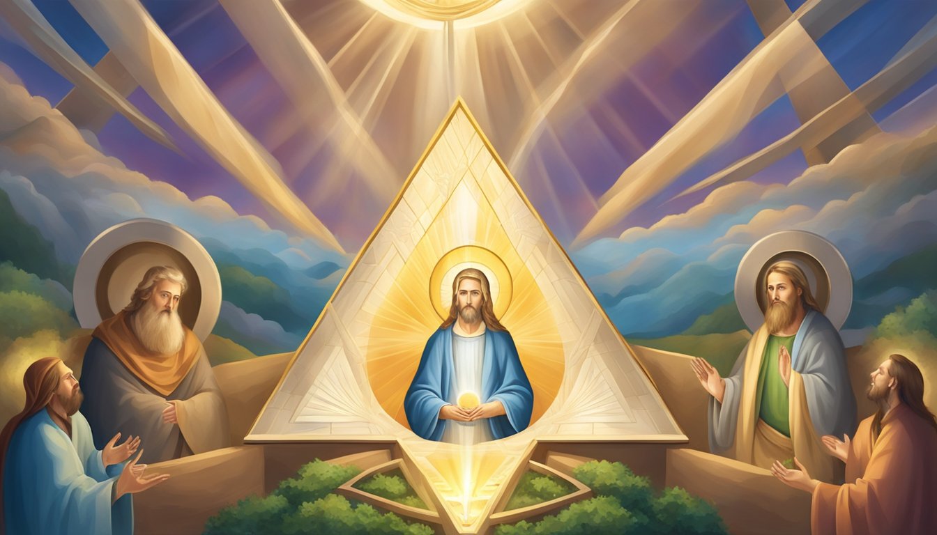 The scene depicts a radiant triangle symbolizing the Holy Trinity, surrounded by symbols of Christian life and worship