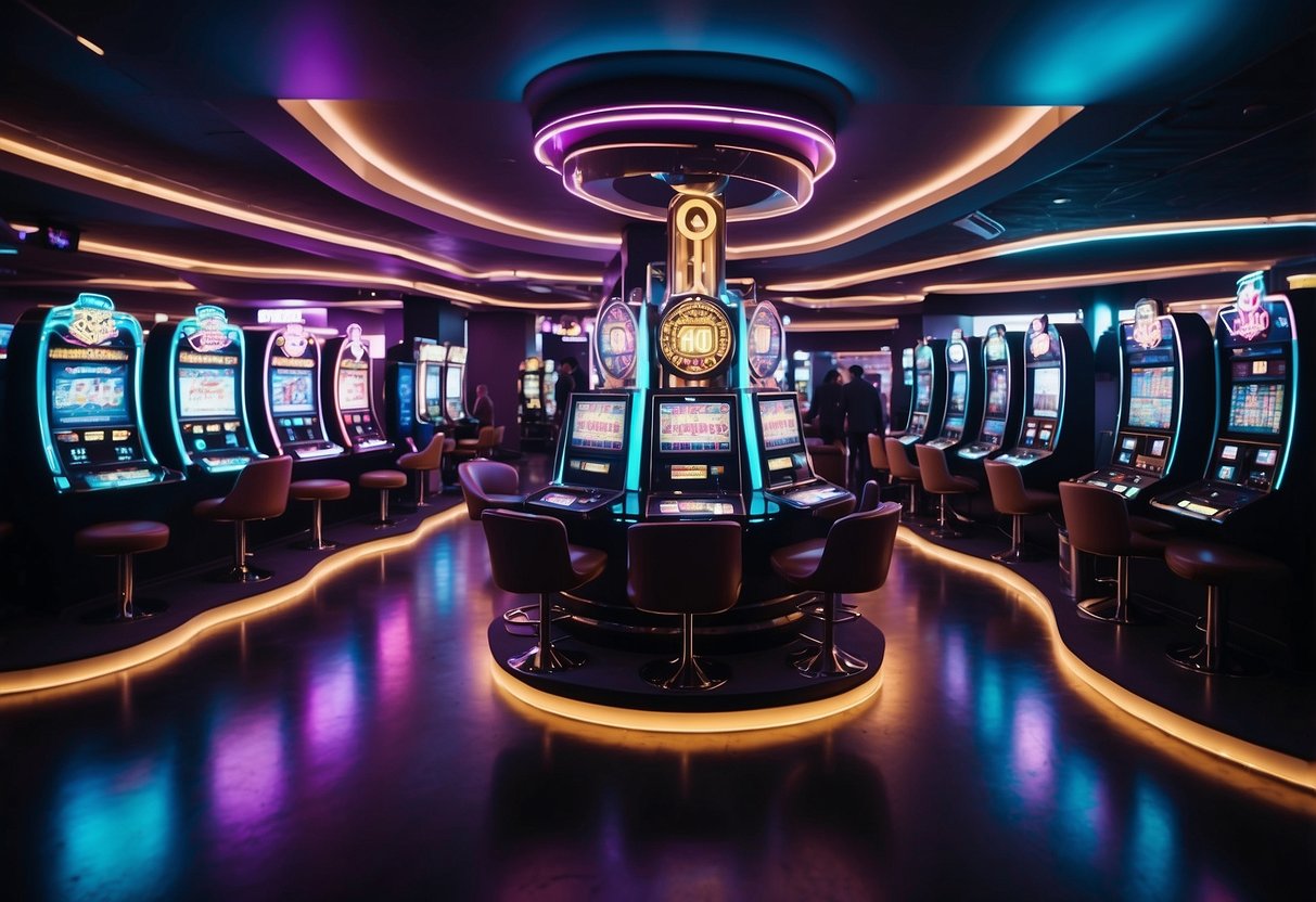 Players engage with digital slot machines and card games in a futuristic, neon-lit Ethereum casino. Cryptocurrency transactions buzz in the background