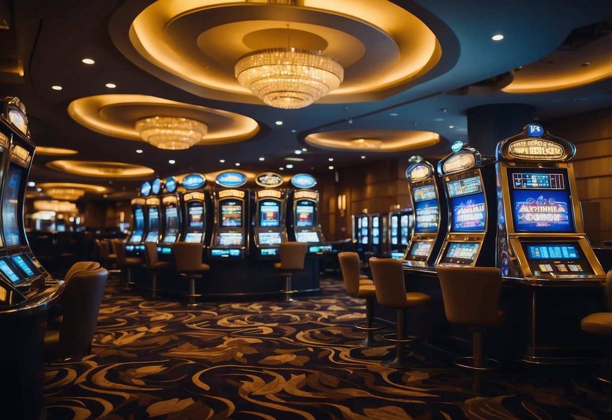 Brightly lit casino with visible security cameras and guards patrolling. Safe deposit boxes and secure vault in the background