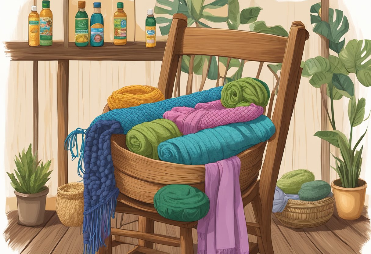 A rebozo Mexicano hangs on a rustic wooden chair, surrounded by other pregnancy accessories like prenatal vitamins and a baby bump support band