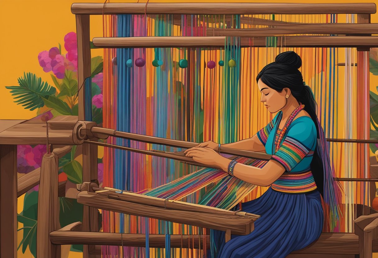 A woman sits at a wooden loom, weaving vibrant threads into a rebozo Mexicano. Brightly colored yarns hang from the loom, creating a beautiful and intricate pattern