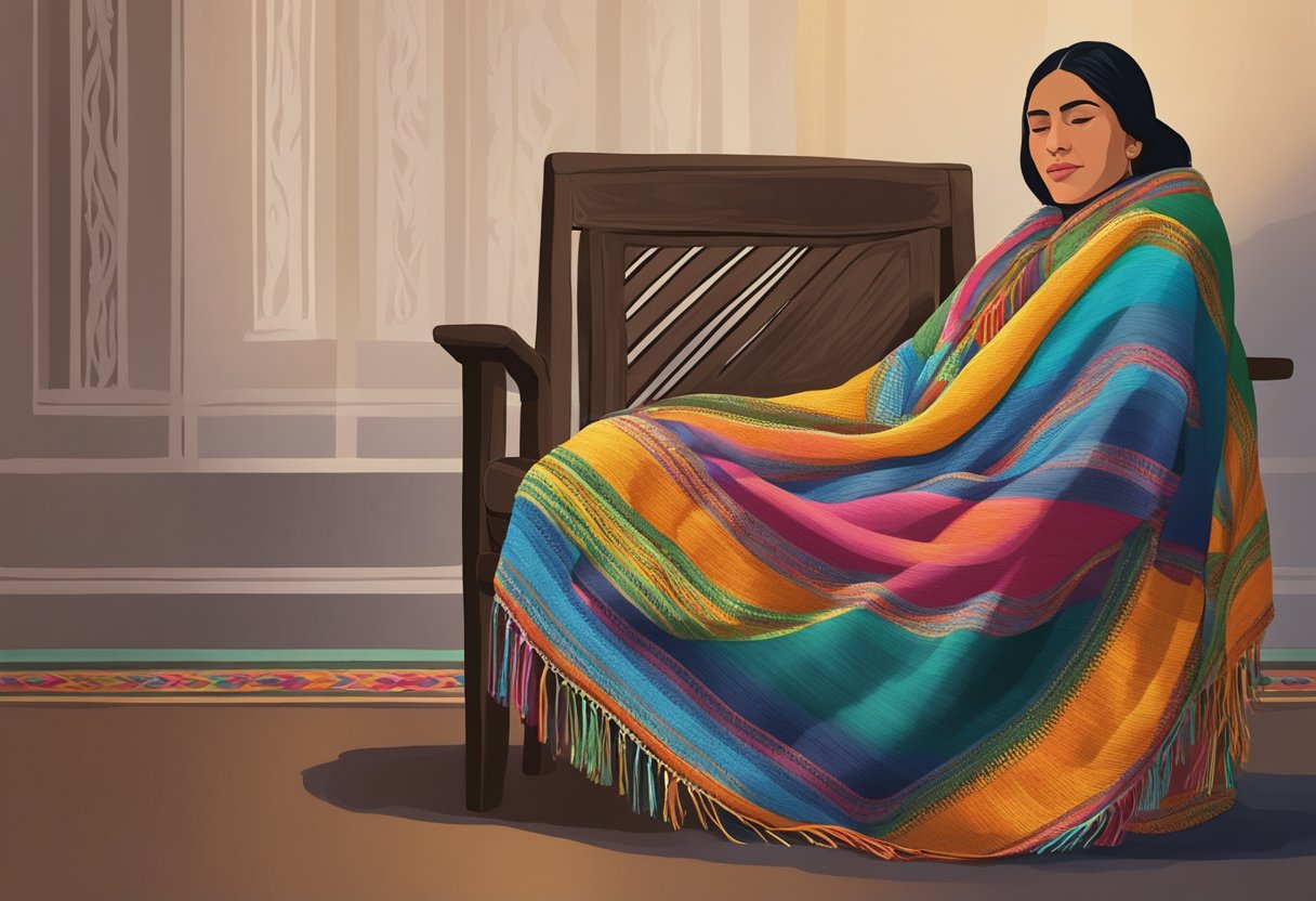 A colorful Rebozo Mexicano draped over a chair, symbolizing cultural and emotional significance for expecting mothers