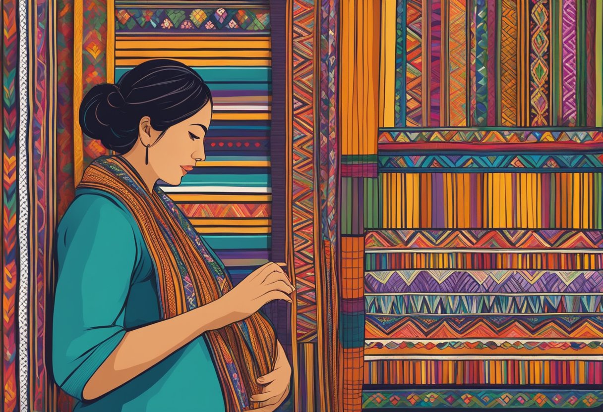 An expectant mother carefully selects a colorful Rebozo Mexicano from a display of various patterns and designs