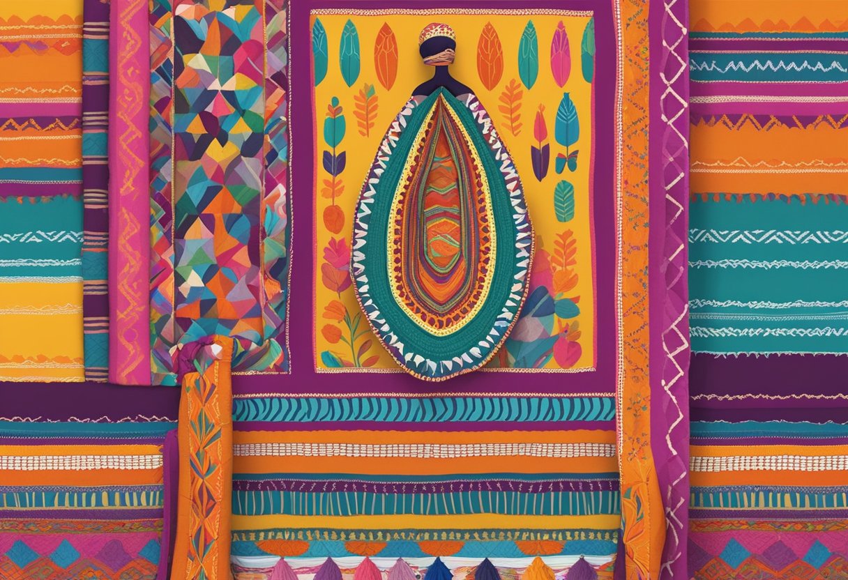 A colorful Rebozo Mexicano hangs on a display rack, surrounded by other ethically-made expecting mothers' accessories. The vibrant patterns and soft fabric draw the eye, highlighting the fair trade and ethical practices behind the product