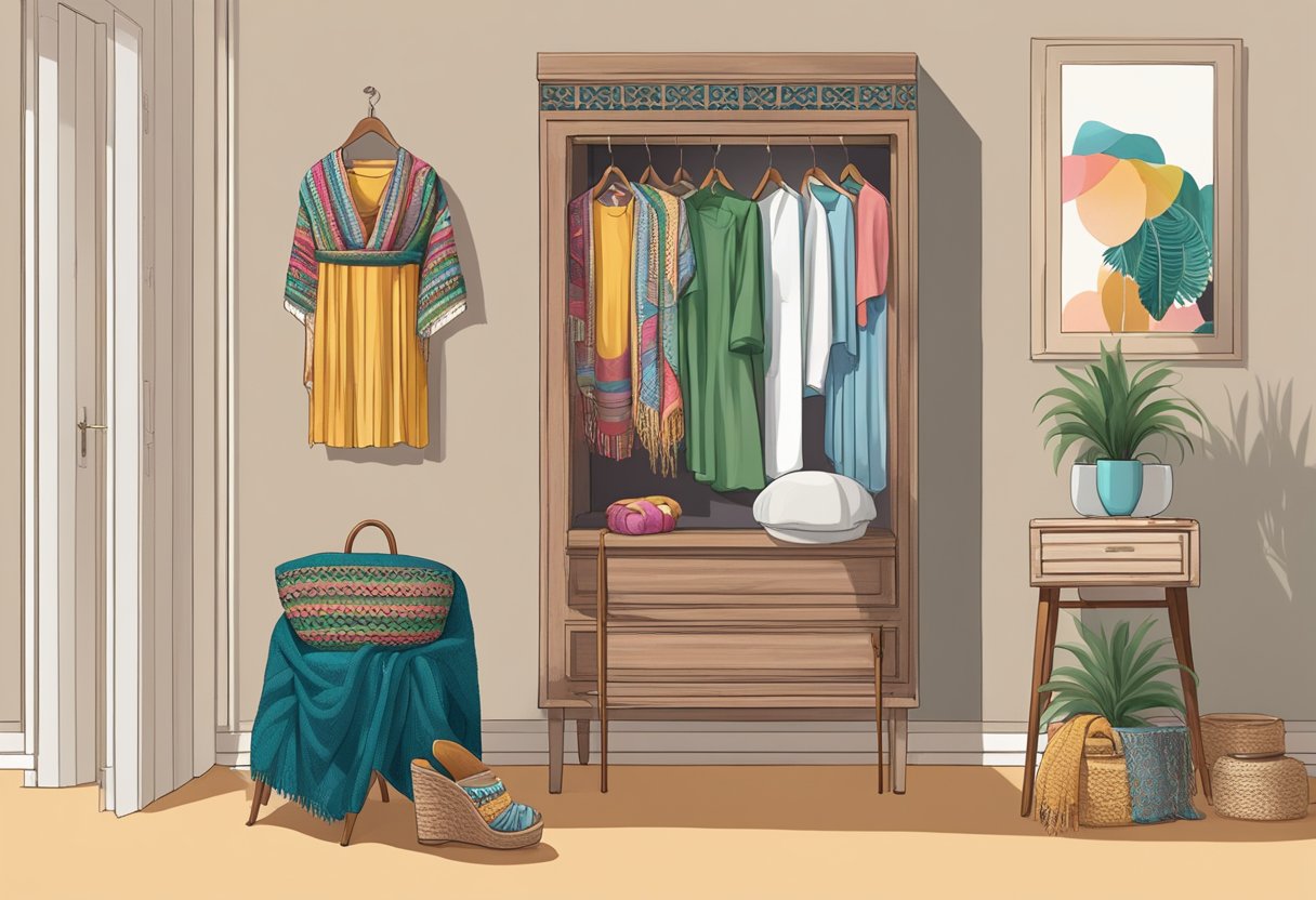 A modern wardrobe with a Rebozo Mexicano draped over a chair, alongside stylish accessories for expecting mothers