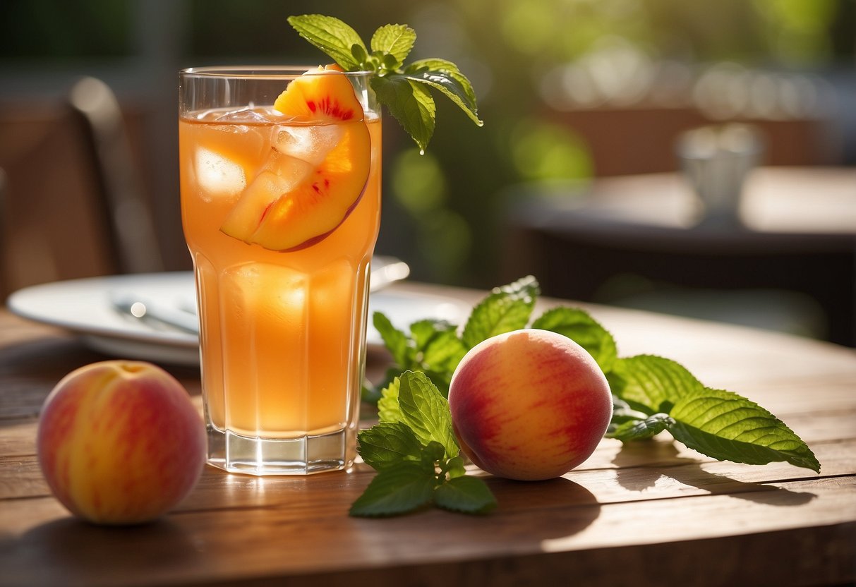 A tall glass filled with a peach-colored liquid, garnished with a fresh peach slice and a sprig of mint, set on a table with a background of a sunny outdoor patio