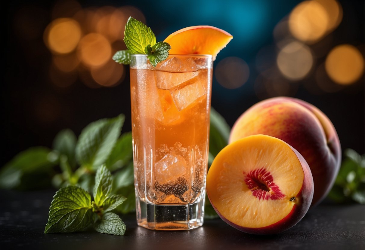 A tall glass filled with a vibrant peach-colored liquid, garnished with a slice of fresh peach and a sprig of mint, surrounded by sparkling ice cubes