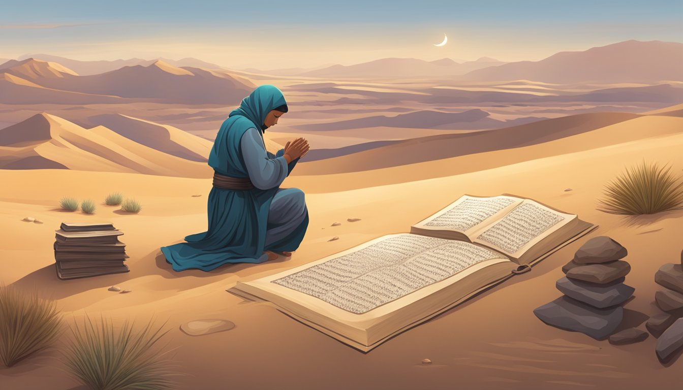 A serene, desert landscape with a lone figure kneeling in prayer, surrounded by ancient scriptures and symbols of fasting