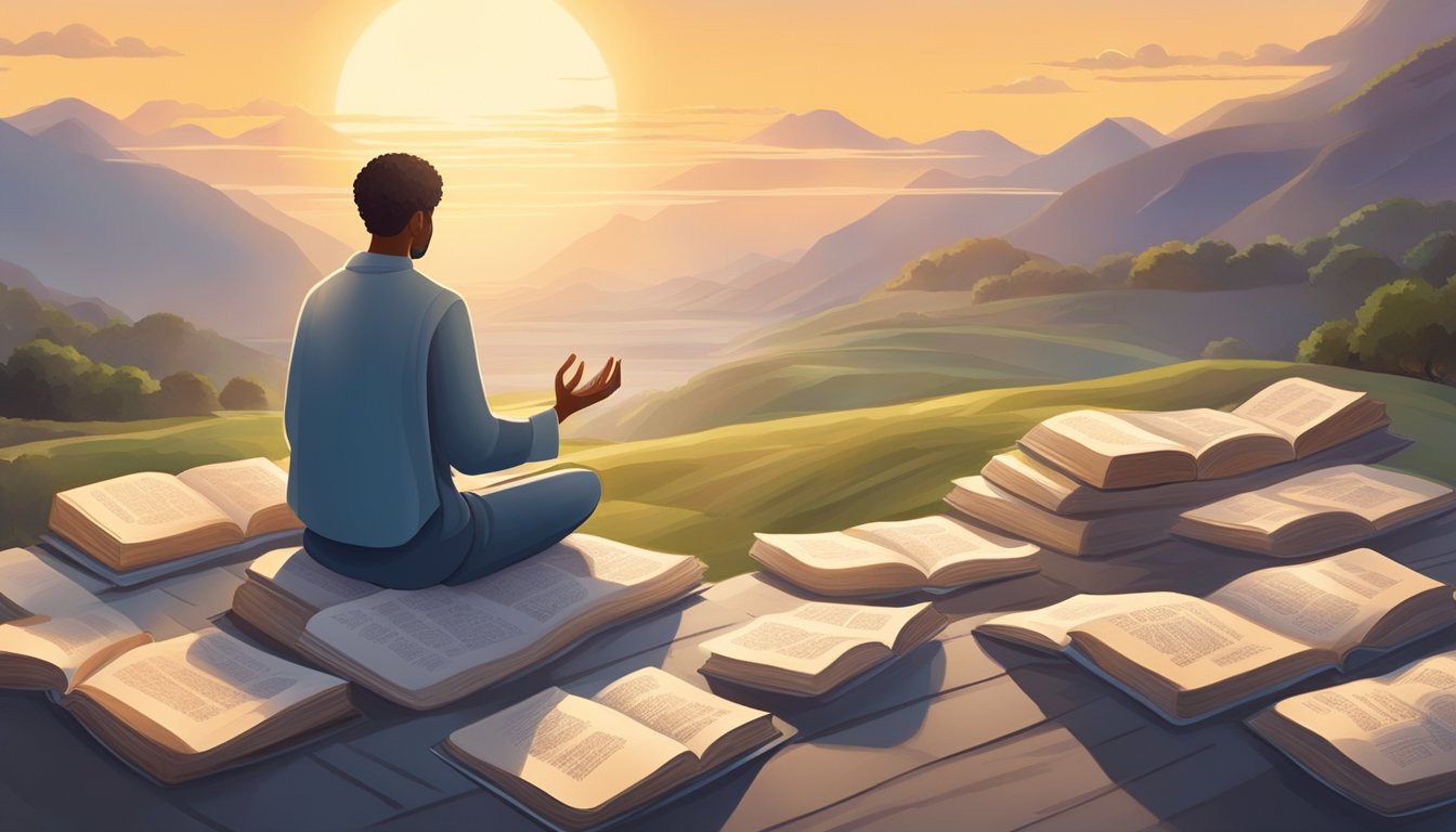 A person sitting in meditation, surrounded by open scriptures, with a serene expression.</p><p>Outside, the sun rises, symbolizing the challenges and rewards of fasting