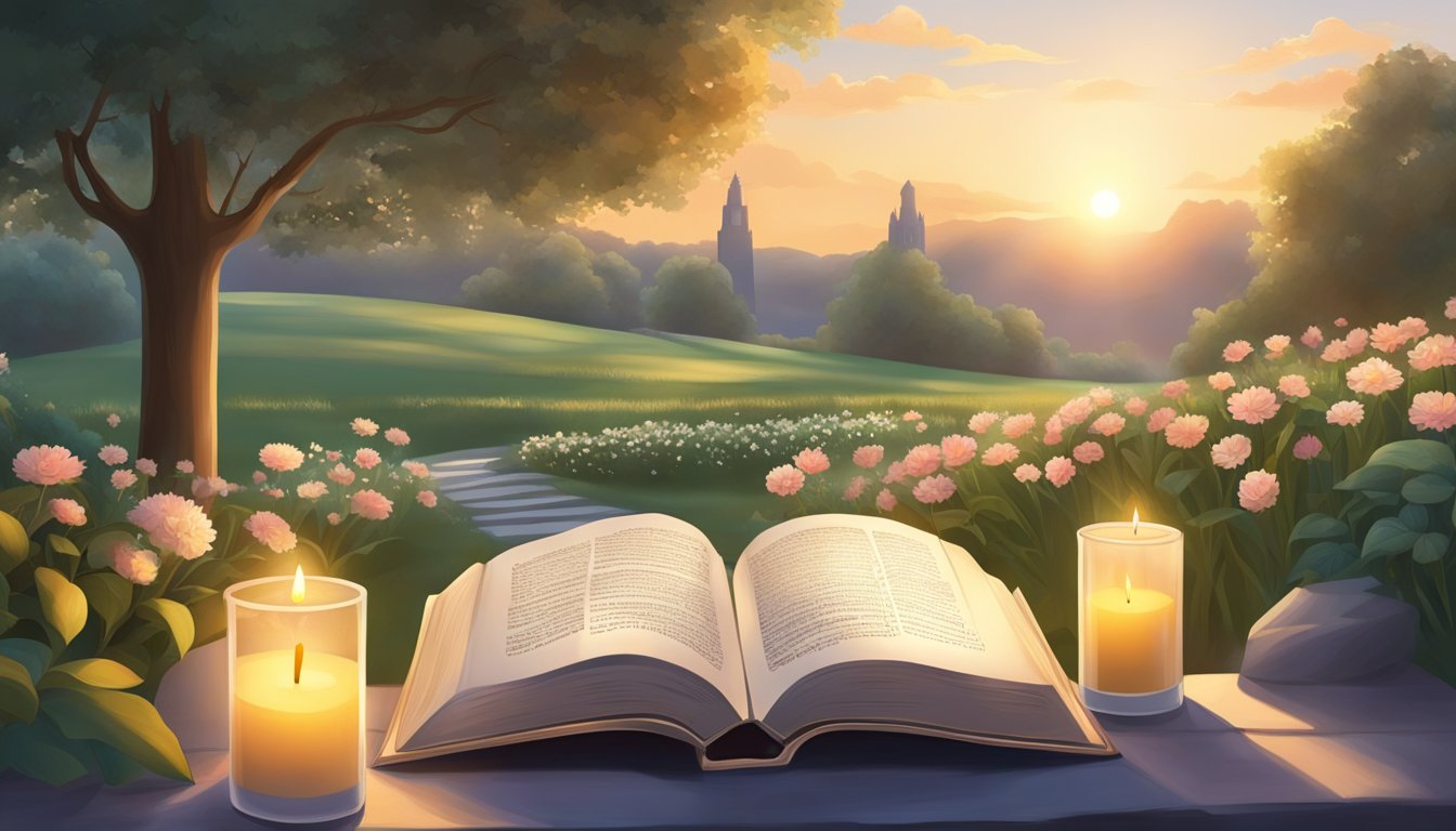 A peaceful garden with an open book of scriptures, a lit candle, and a clear sky with a rising sun in the background