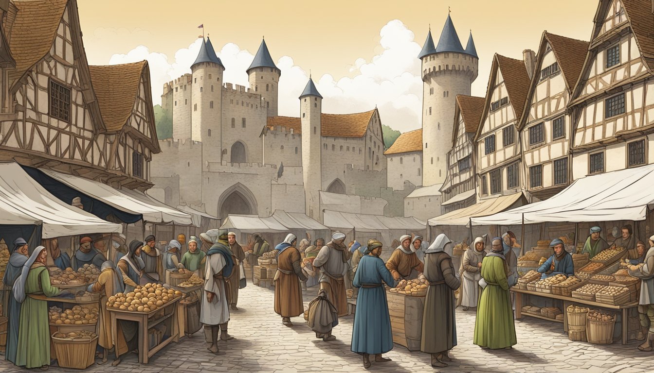 A bustling medieval marketplace, with merchants selling goods and peasants haggling over prices.</p><p>The town's castle looms in the background, symbolizing the power of the ruling class