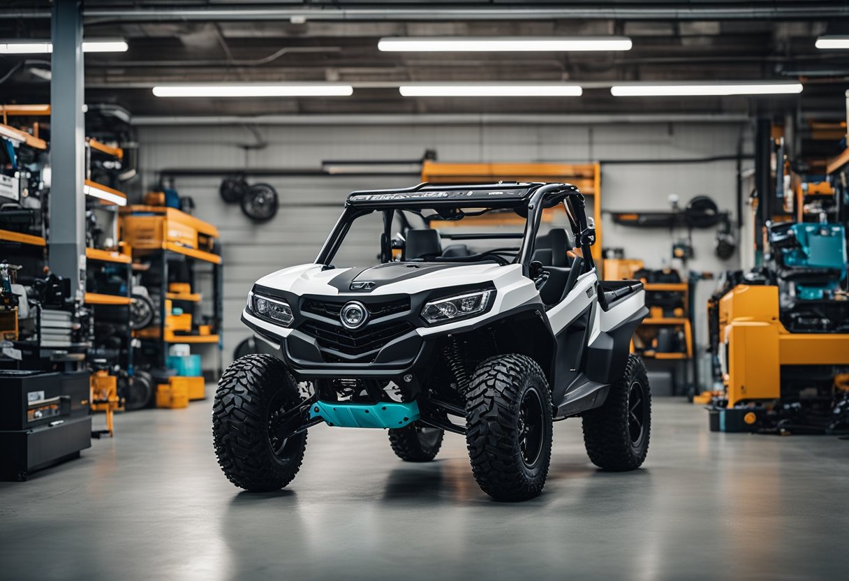 The cfmoto uforce 1000 sits in a mechanic's shop, with its transmission and drivetrain components disassembled and scattered across the workbench