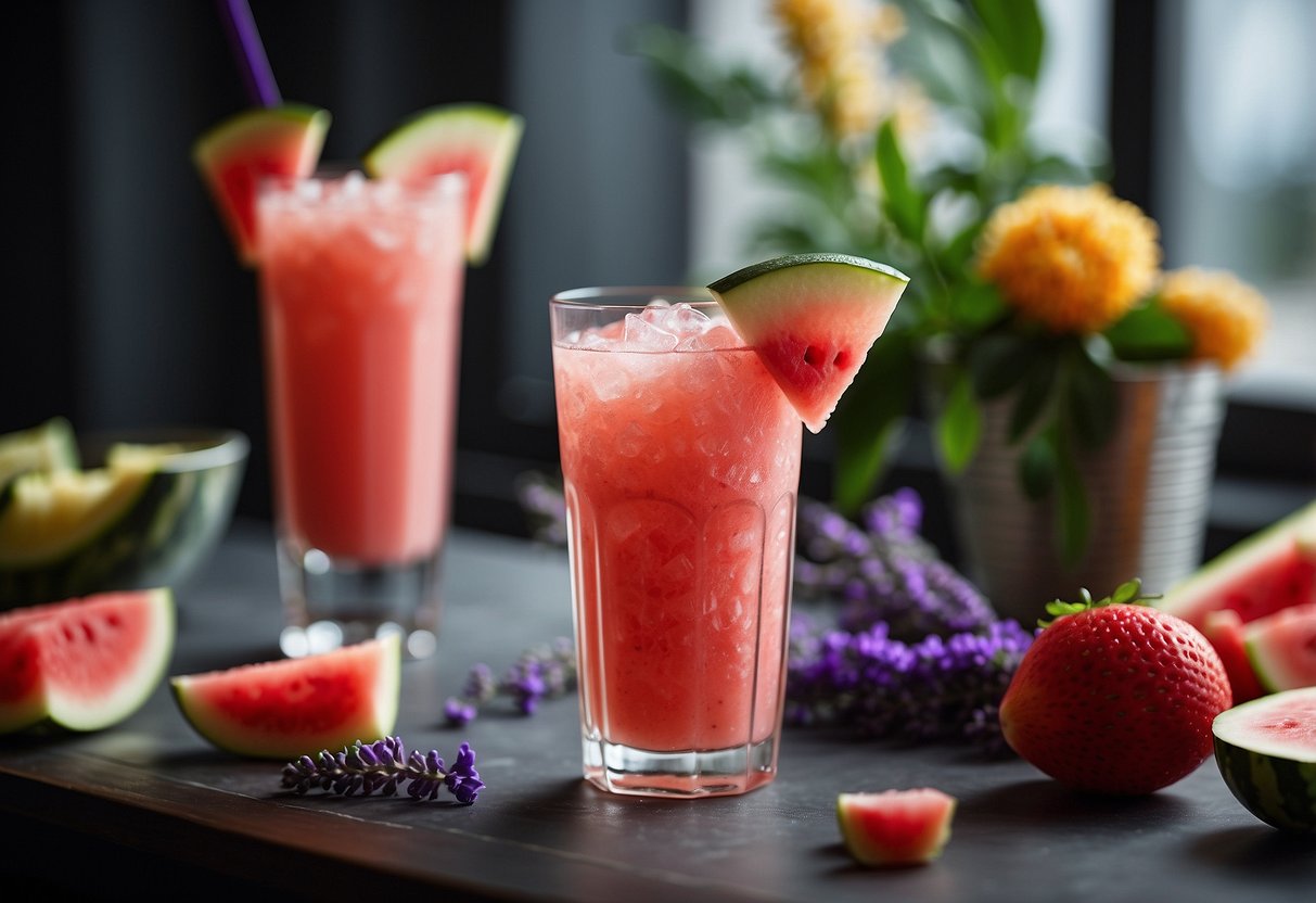 A tall glass filled with a vibrant, icy slushie. Fresh watermelon chunks and fragrant lavender sprigs adorn the top, creating a refreshing and visually appealing beverage