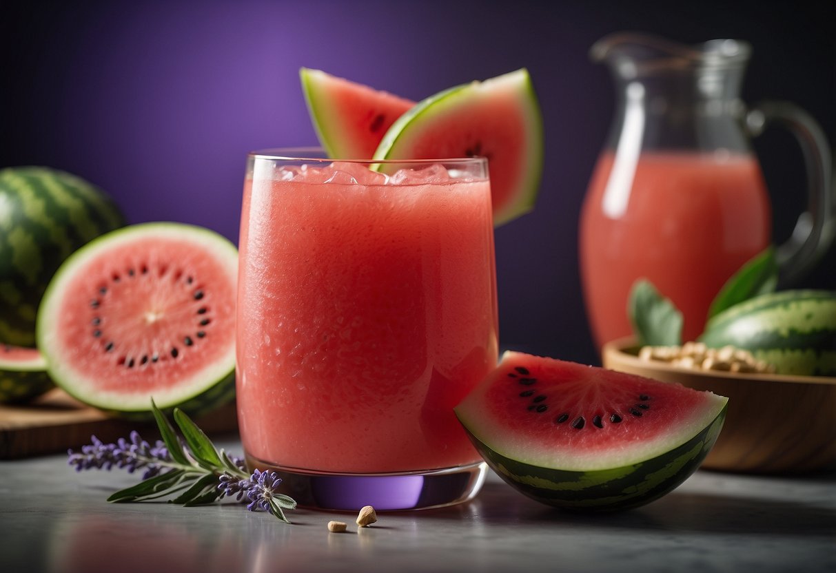 Watermelon chunks and lavender syrup blend in a blender. Ice added. Mixture poured into a glass. Garnished with watermelon slice and lavender sprig