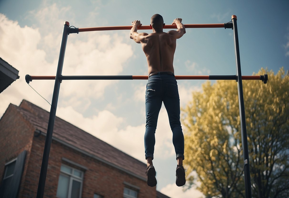 A tall figure attempts a pull-up, struggling with form and execution