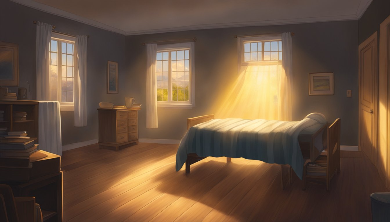 A glowing light illuminates a dark room, symbolizing hope and healing.</p><p>Rays of light shine down, casting a warm and comforting glow, representing the miraculous recovery experienced by John D