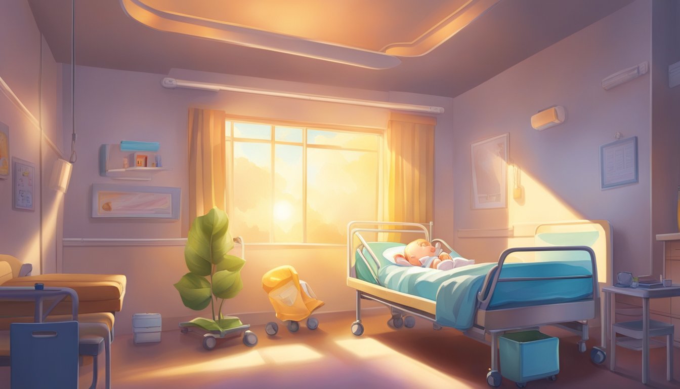 A glowing light envelops a child's hospital bed, as a powerful force seems to lift the illness away, leaving the room filled with a sense of miraculous healing