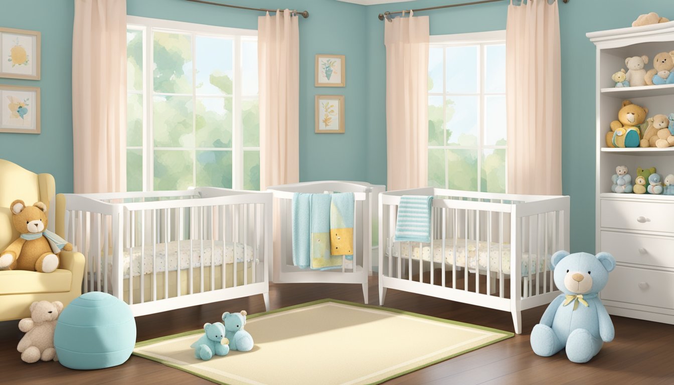 A pair of baby cribs, adorned with matching blankets and stuffed animals, sit side by side in a sunlit nursery