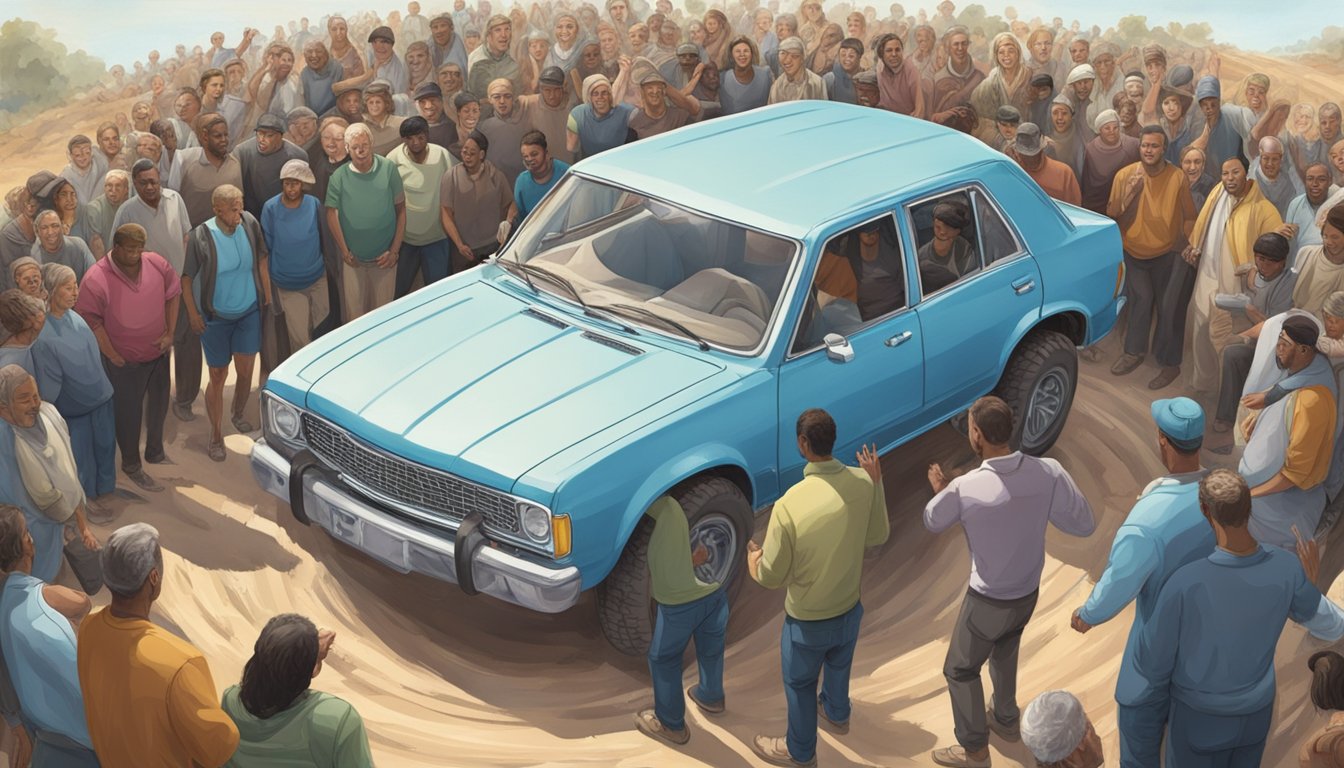 A car skids off road, surrounded by a circle of praying people.</p><p>Miracle