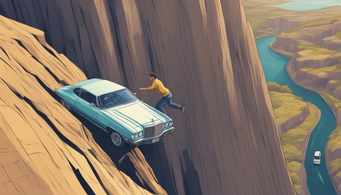 A car teeters on the edge of a cliff, saved by a mysterious figure in the nick of time