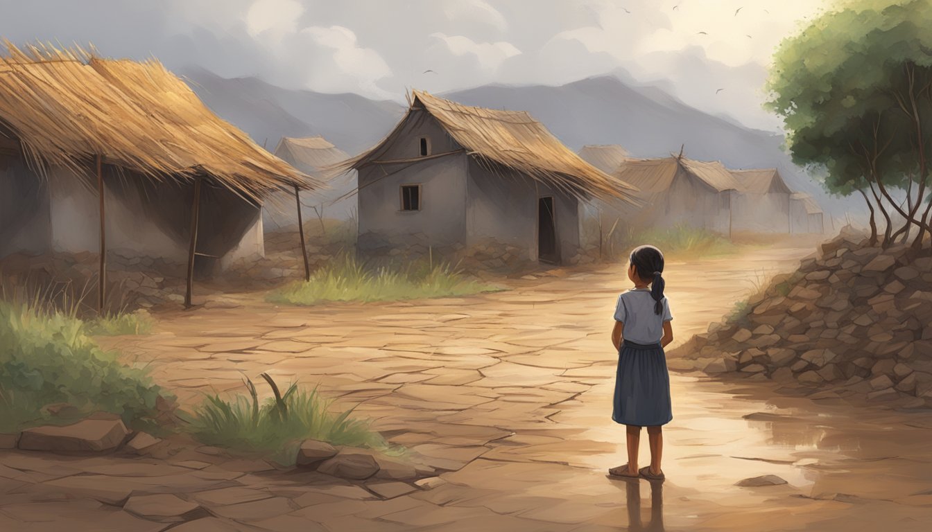 A parched village, cracked earth and withered crops, suddenly drenched by a downpour after a young girl's heartfelt prayer