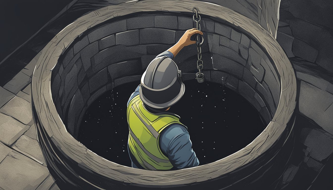 A bucket being hoisted up from a dark well, revealing a small figure curled up inside