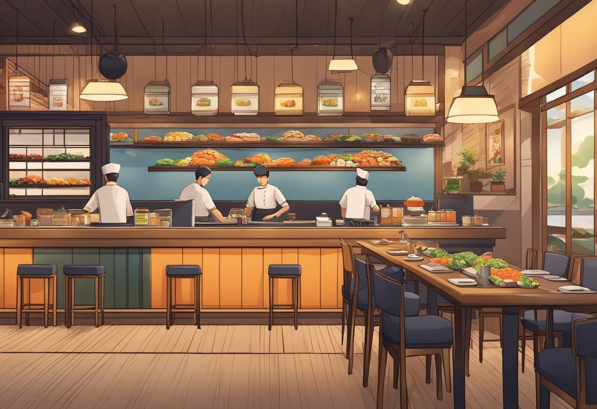 Colorful sushi bar with traditional decor, bustling with customers. Sushi chefs expertly prepare fresh, affordable dishes. Warm, inviting atmosphere