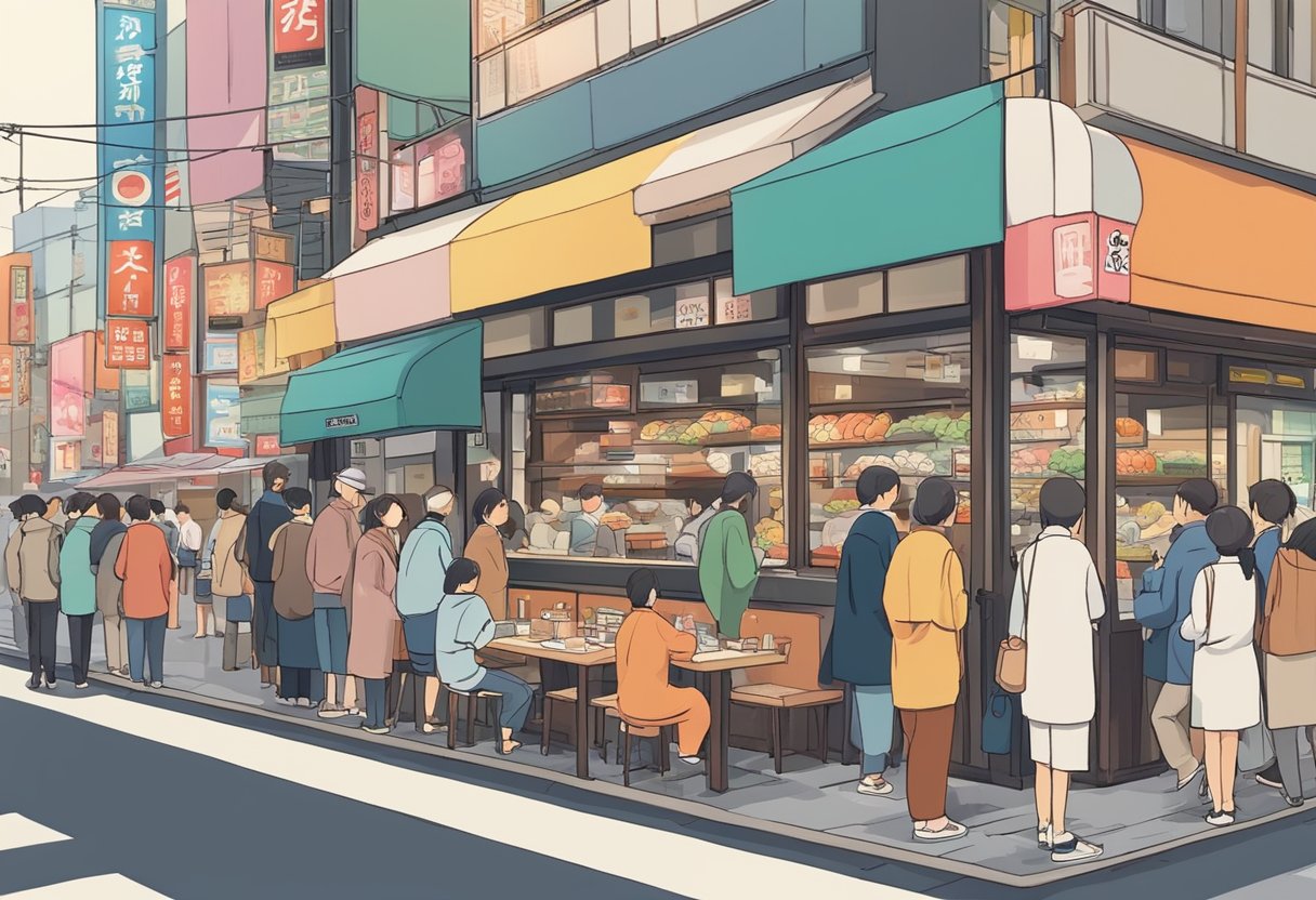 A bustling Tokyo street with colorful signs and a small, cozy sushi restaurant. Patrons line up outside, eager to taste the best cheap sushi in the city