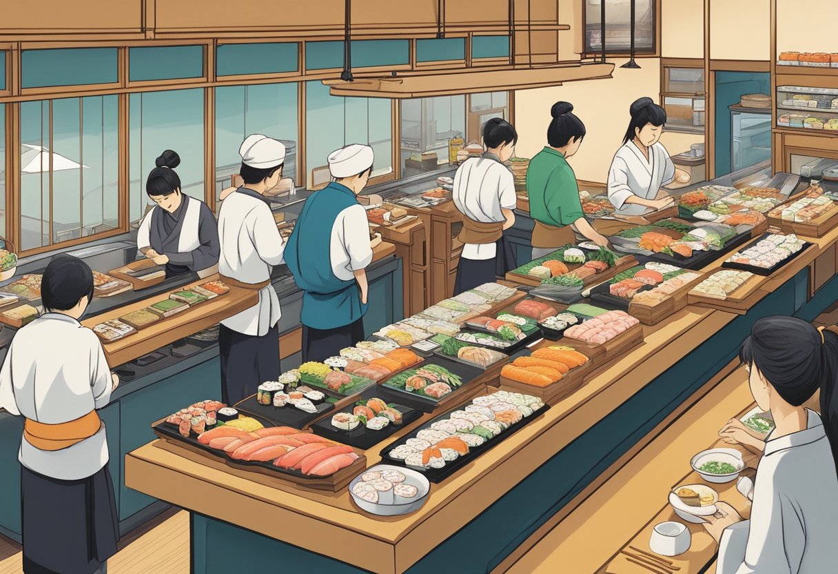 Customers enjoying fresh, affordable sushi in a bustling Tokyo restaurant. Colorful plates of nigiri and rolls line the counter as chefs skillfully prepare orders. A lively atmosphere fills the space