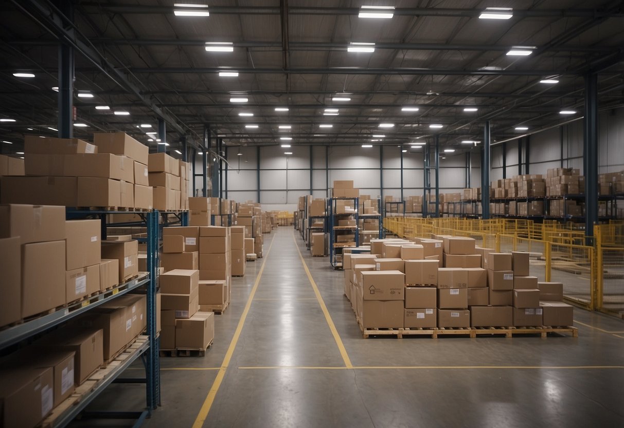 A warehouse setting with various equipment and products, a sign displaying "High Paying Warehouse Jobs in Canada," and qualifications and skills listed