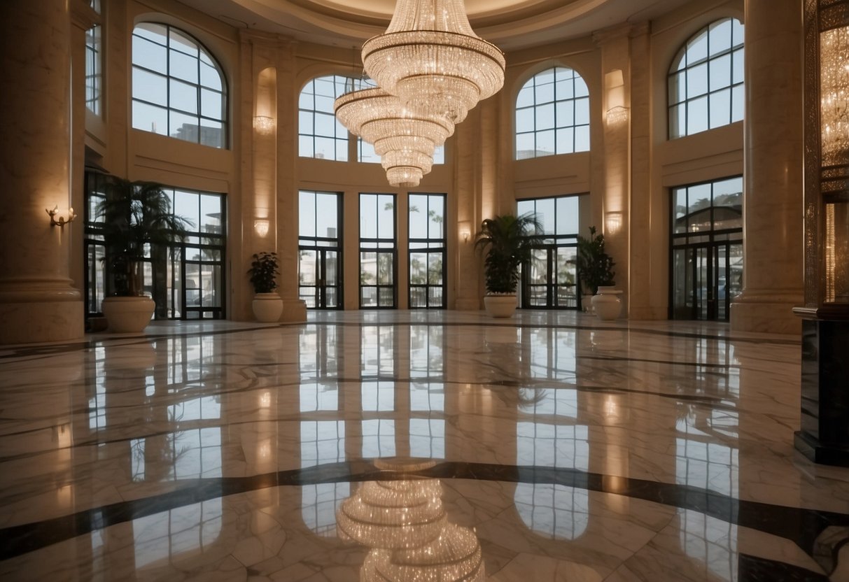 A grand lobby with marble floors and chandeliers, a panoramic view of a scenic landscape, opulent furnishings, and attentive staff catering to guests' needs