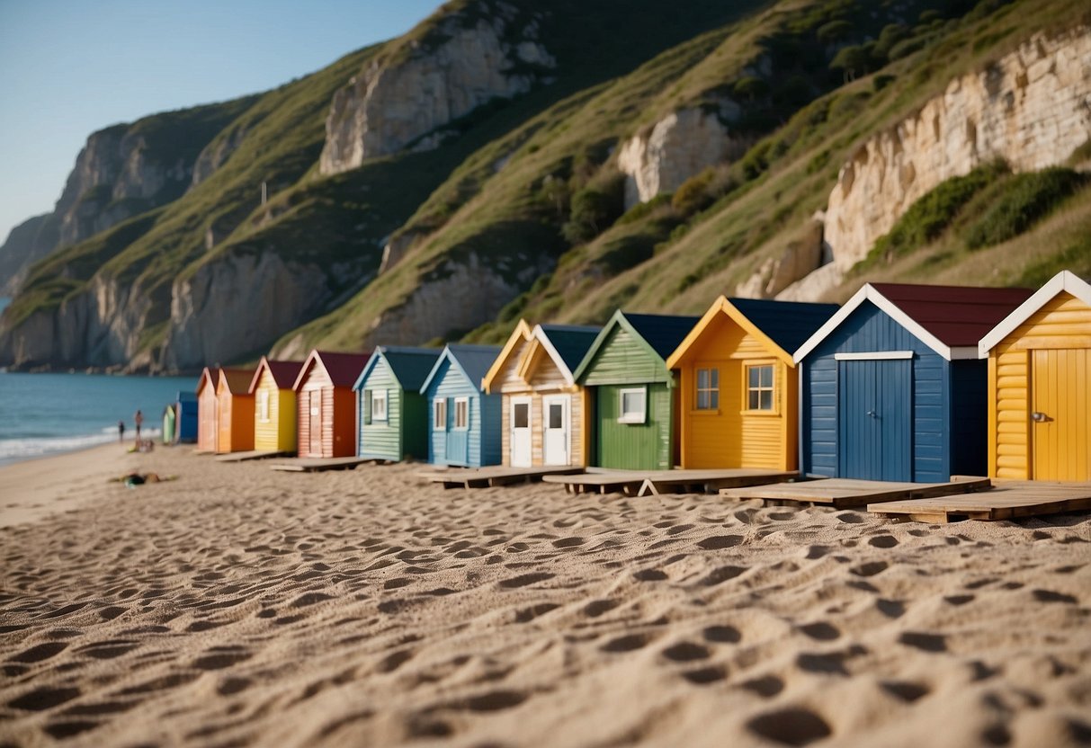 Sandy beach with colorful beach huts, nearby hotels, and campsites. Clear blue skies and calm sea. Costal cliffs in the background