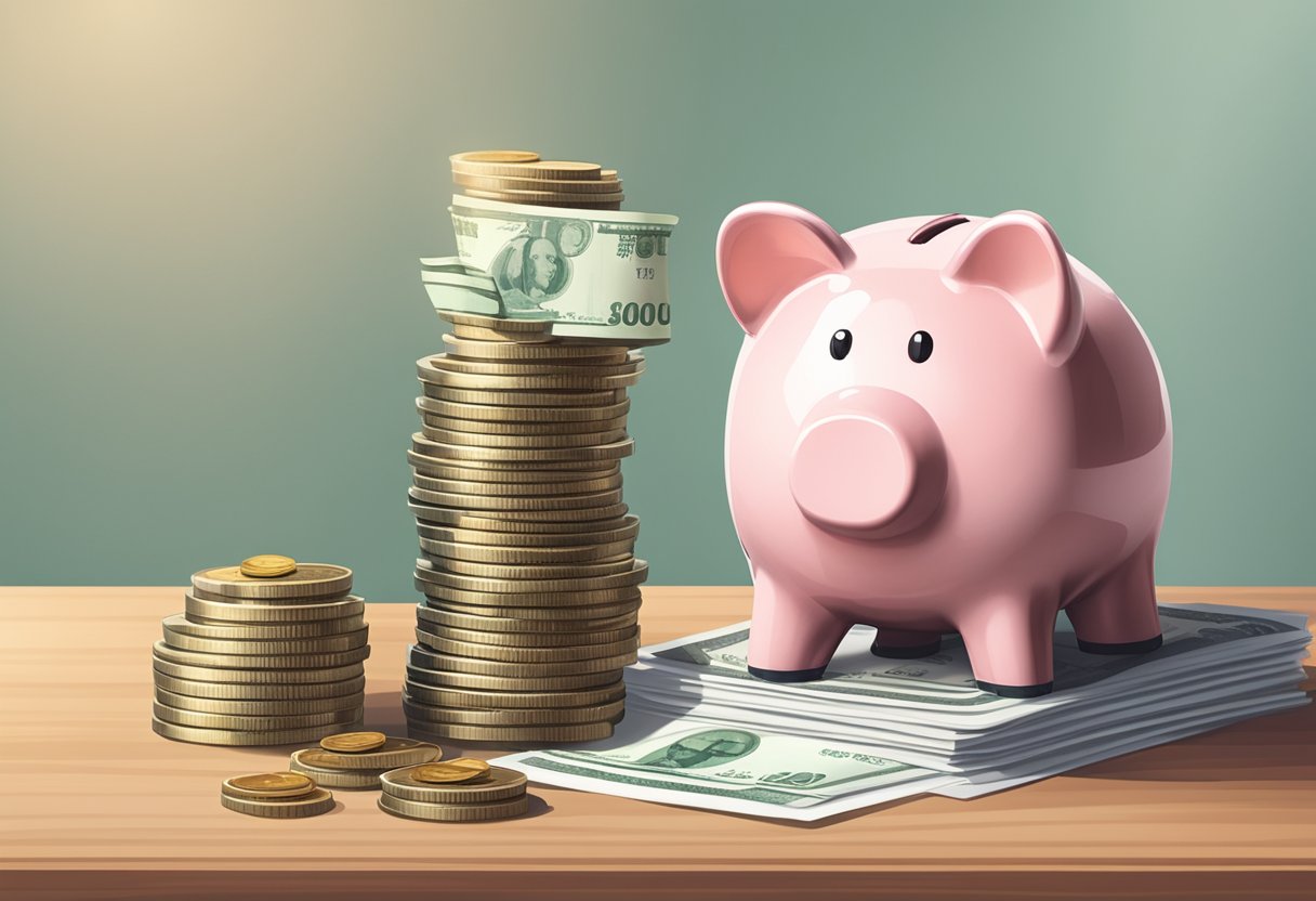 A piggy bank sits on a shelf next to a pile of coins and a document labeled "Individual Property Savings Account."