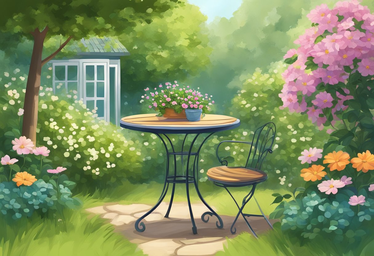 A serene garden with a small table and chairs, surrounded by lush greenery and blooming flowers, with a gentle breeze rustling the leaves