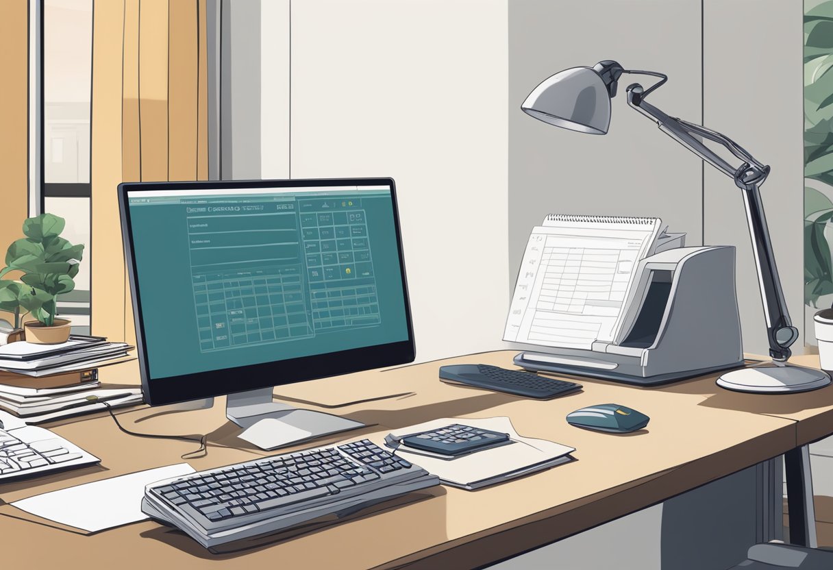 A desk with a computer, calculator, and paperwork. A sign reading "Grundläggande om Sparkonton för Enskild Firma" on the wall