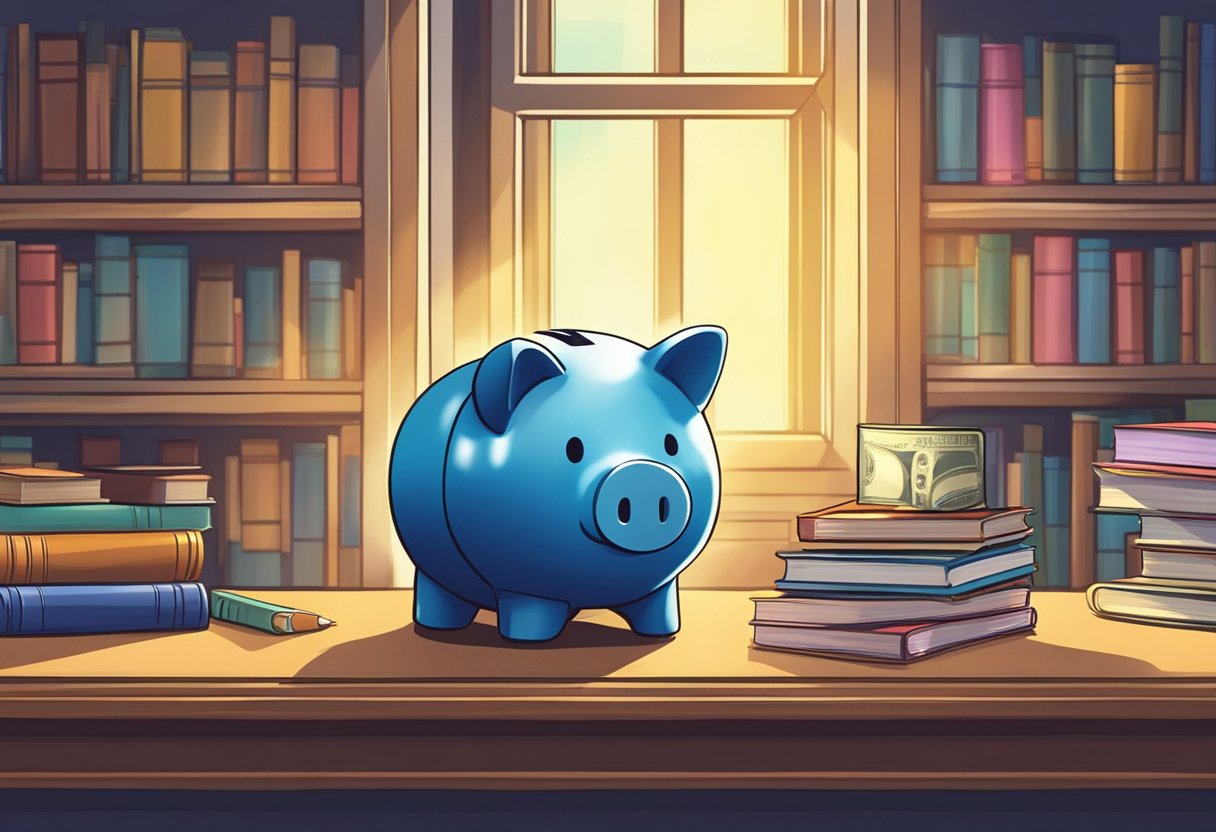 A piggy bank sits on a shelf, surrounded by books and school supplies. A ray of sunlight shines on the piggy bank, emphasizing its importance for saving money