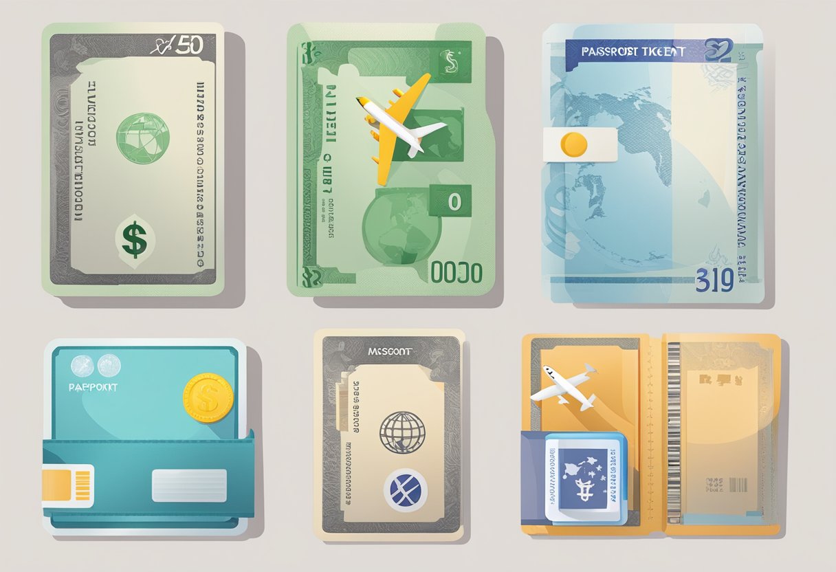 A passport, a plane ticket, and a foreign currency symbol