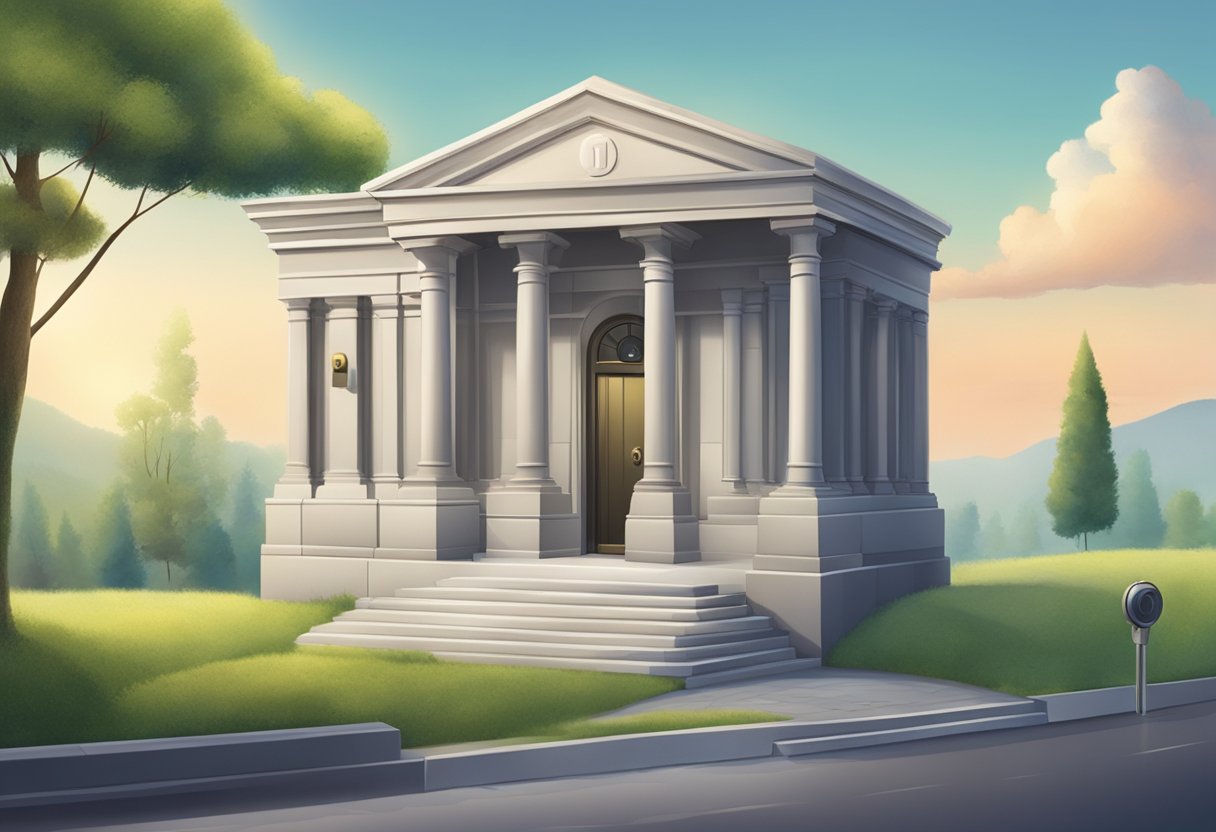 A peaceful, serene landscape with a bank and a secure vault, symbolizing flexibility and security in savings