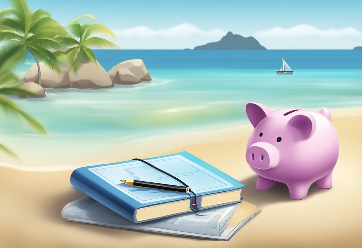 A serene beach setting in Thailand with a traditional Thai savings account book and a piggy bank, symbolizing the benefits of saving money in a Thai savings account