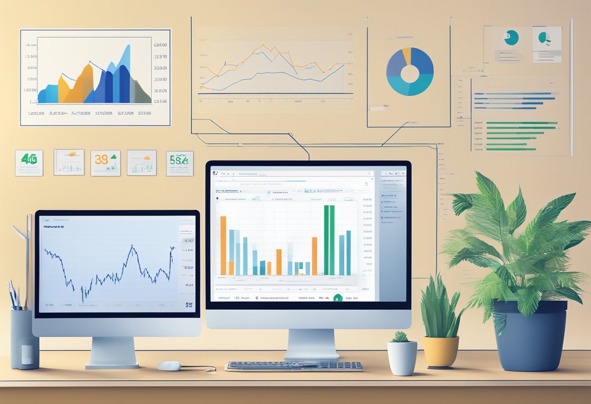 A bank logo on a computer screen with "Insättningsgarantin och Investerarskydd sparkonto eller isk" displayed, surrounded by financial charts and graphs