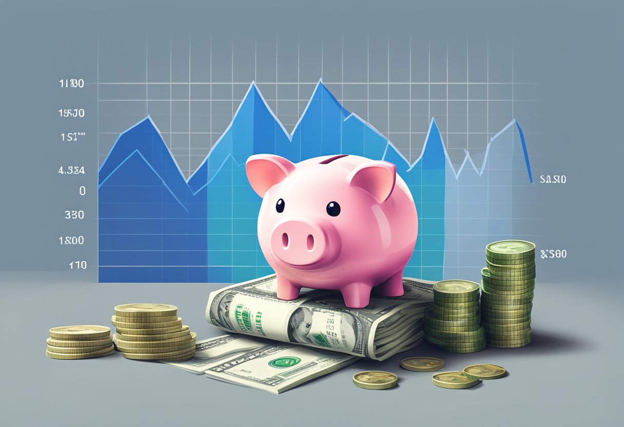 A piggy bank stands on one side, while a stock market graph and a pile of money sit on the other