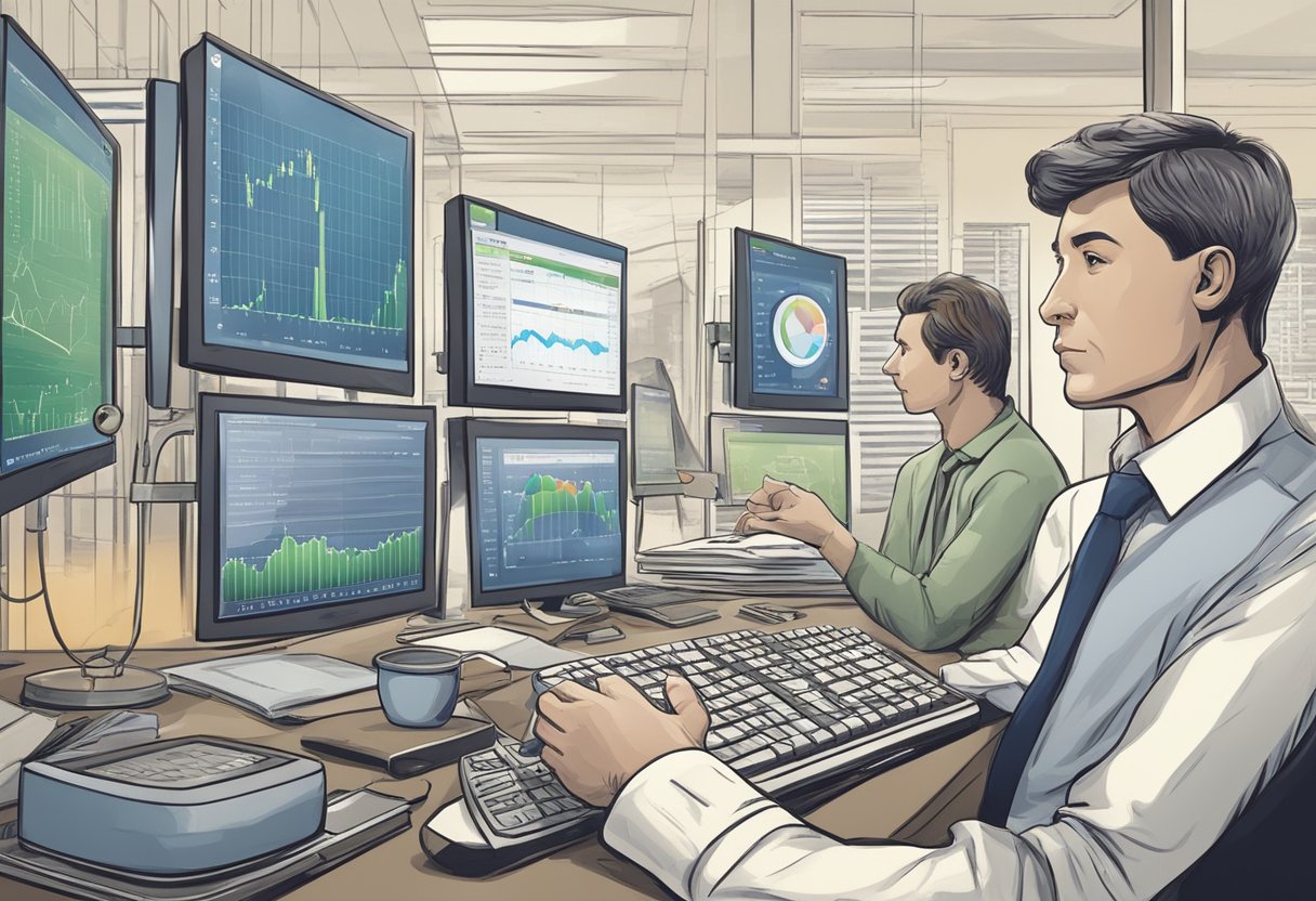 A scene of a person weighing the options of long-term economic growth between a savings account and the stock market