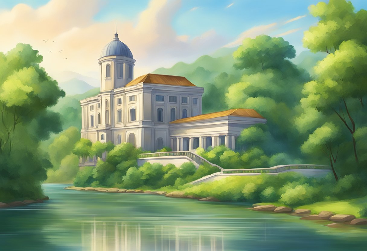 A serene landscape with a bank building in the background, surrounded by lush greenery and a calm, flowing river