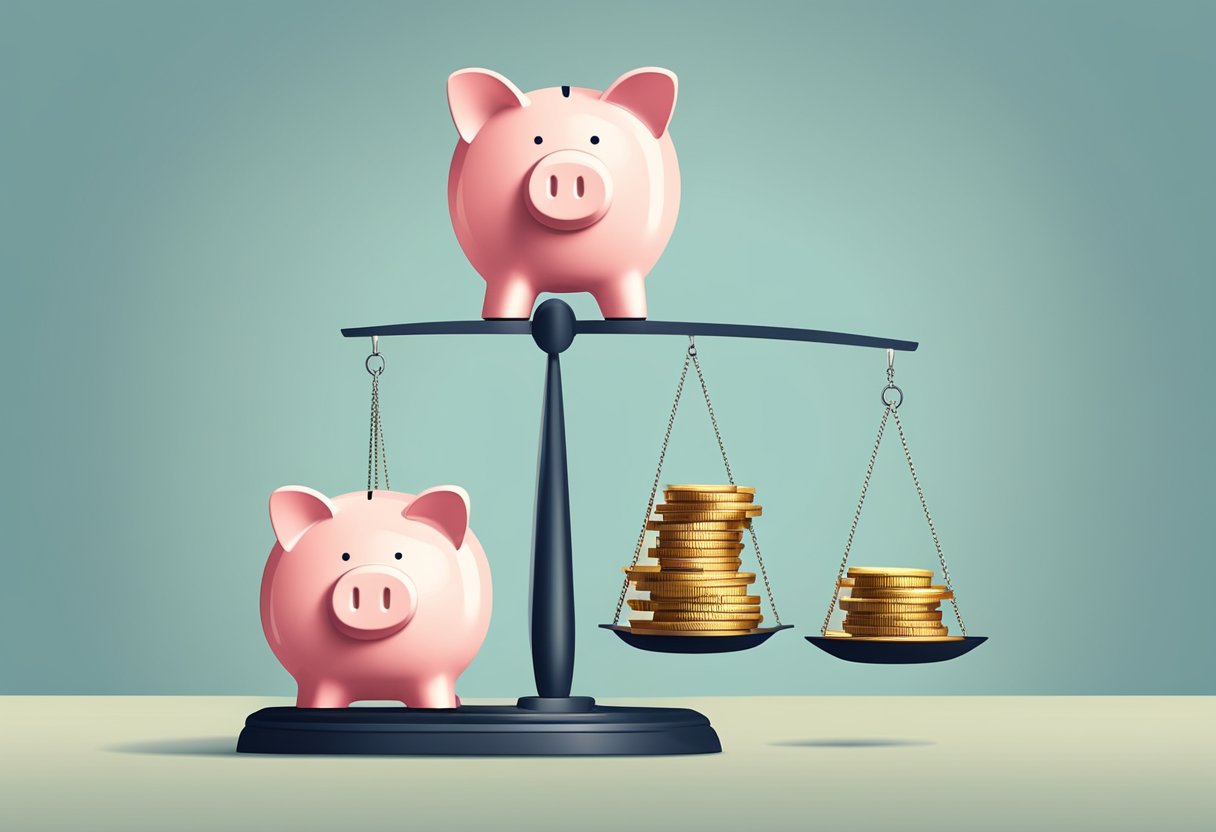 A scale balancing a piggy bank and a stack of coins, representing the comparison and strategic choice between a savings account or a bond fund