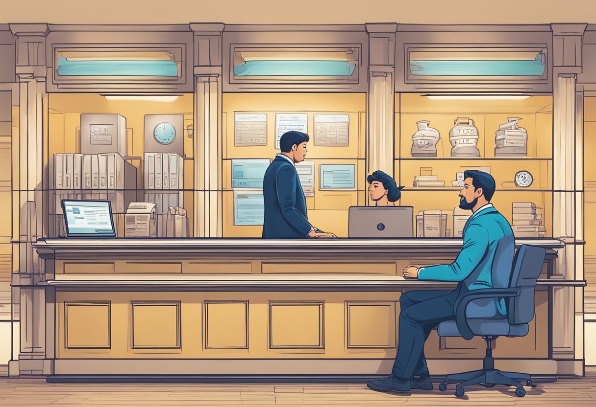 A person pondering between a savings account and investment funds, with a bank teller presenting options