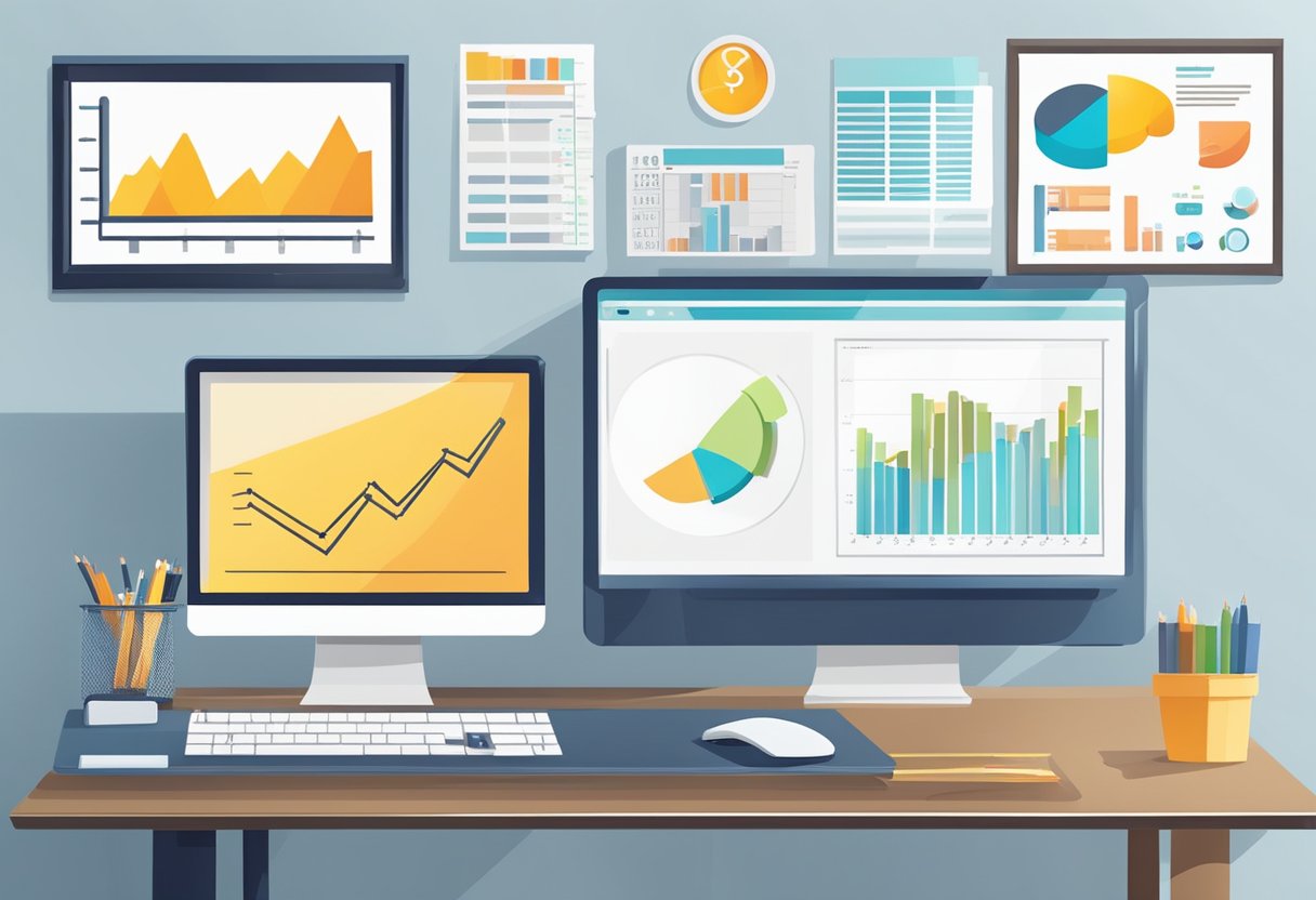 A modern office desk with a computer, calculator, and financial documents. A chart showing investment growth on the wall