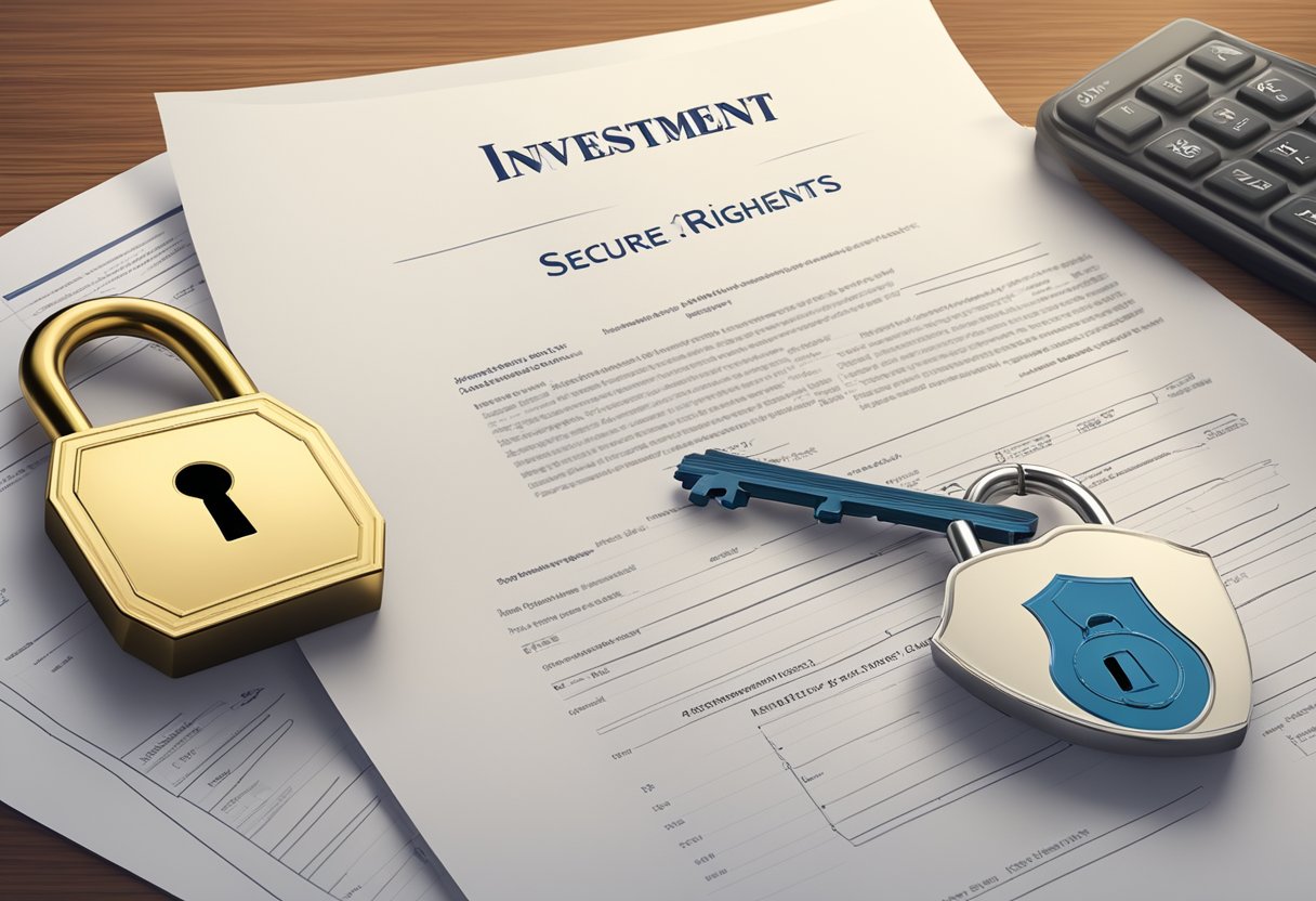 A secure investment account with a lock and key symbol, shield, and legal document, representing investor rights and safety