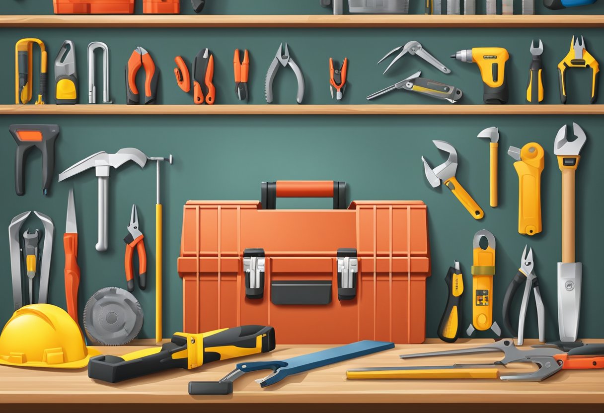 A toolbox with various tools and safety equipment arranged neatly on a workbench