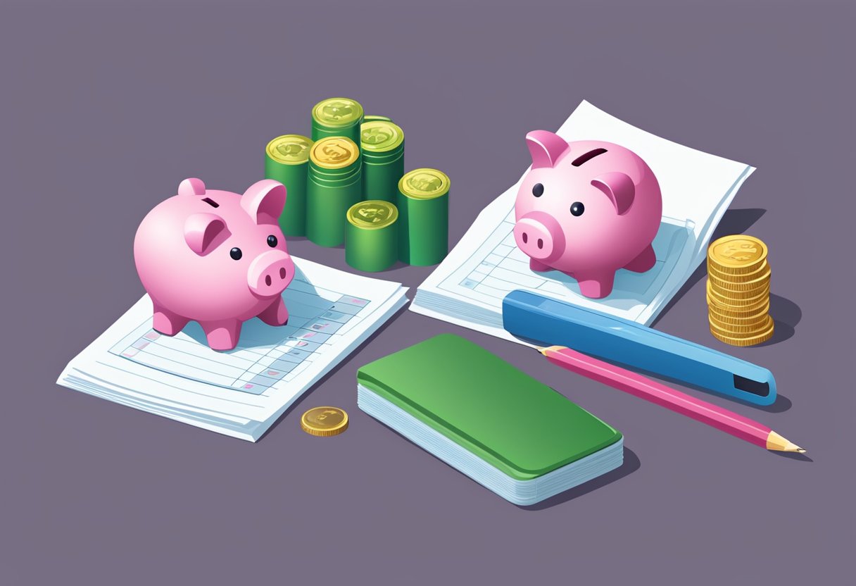 A comparison of a savings account with other forms of saving. Show a bank account, piggy bank, and investment options