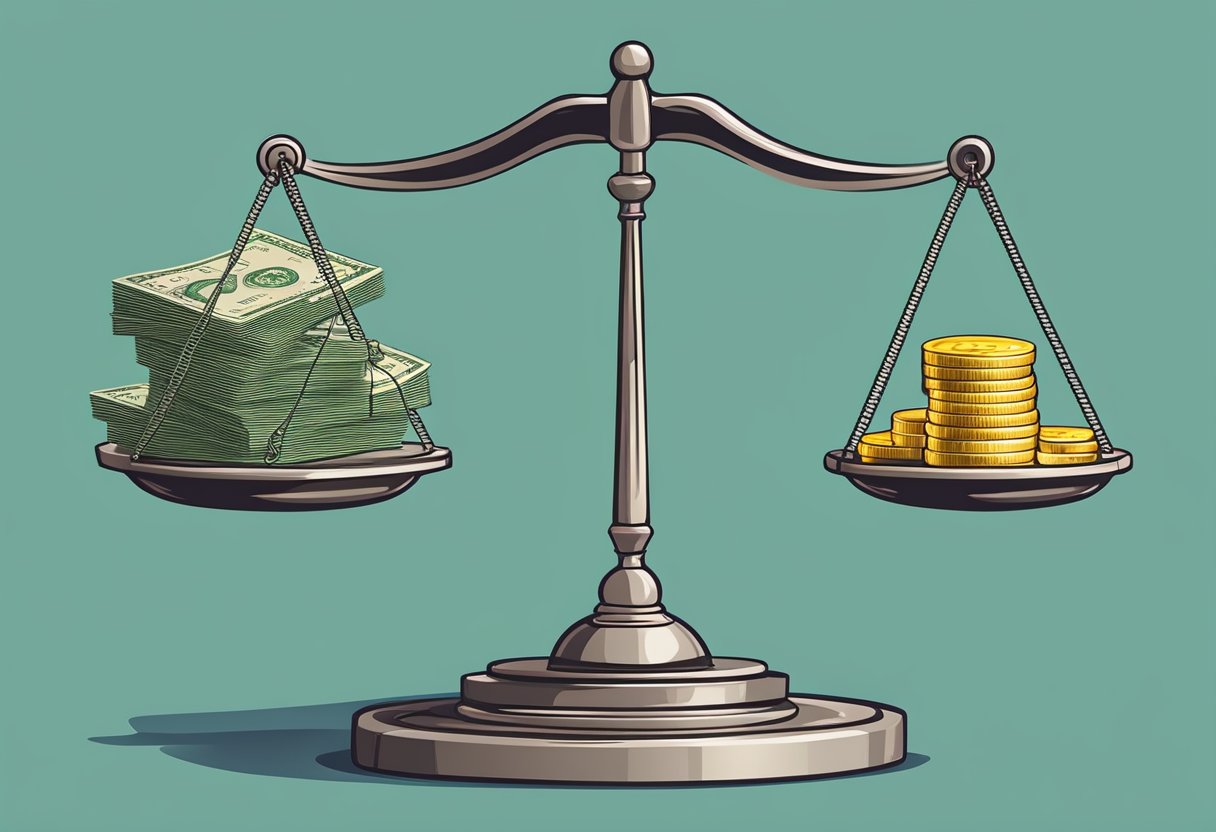 A scale with a stack of money on one side and a pile of coins on the other, representing the risks and benefits of different interest rates on a savings account